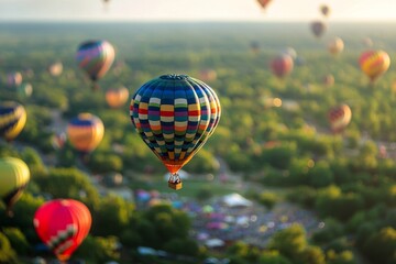 Fototapeta premium A colorful hot air balloon festival with miniature balloons floating in the sky, enhanced by the tilt-shift effect. 