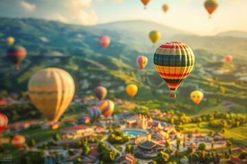 Obraz premium A colorful hot air balloon festival with miniature balloons floating in the sky, enhanced by the tilt-shift effect. 