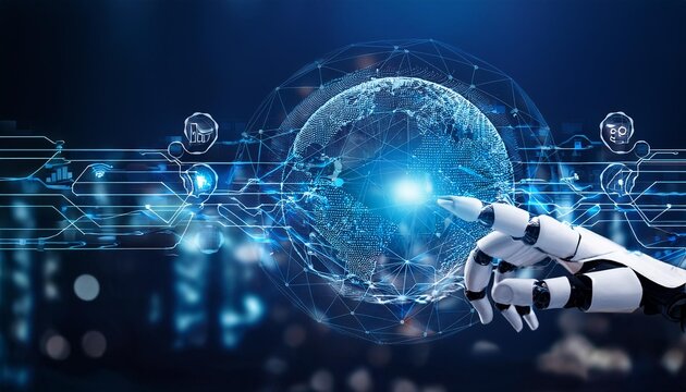 Science and AI technology concept: robot hand interacting with data science and big data exchange on a network