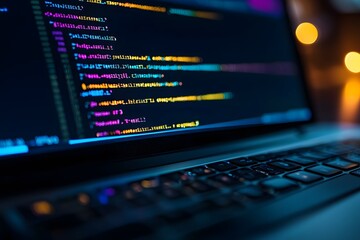 Close-up of computer code on a laptop screen with colorful syntax highlighting.