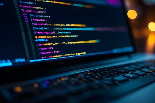 Close-up of computer code on a laptop screen with colorful syntax highlighting.