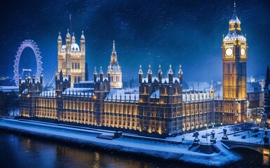 Fototapeta premium Winter night view of London iconic Westminster Palace and Big Ben, London.