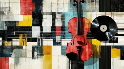 Poster. Contemporary art collage. Abstract artwork of violin, colorful piano keys and vinyl record, symbolizing fusion of classical and modern music. Concept of music festivals, concert and parties