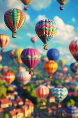 A colorful hot air balloon festival with miniature balloons floating in the sky, enhanced by the tilt-shift effect. 