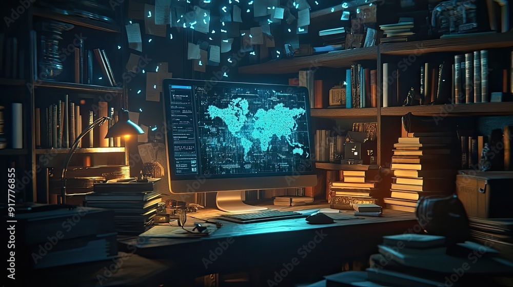 Poster a hacker's workspace with a world map displayed on a computer monitor