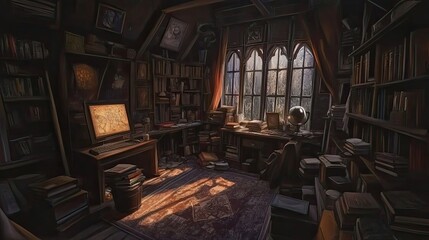 A Sunlit Study Filled with Books and Antique Items