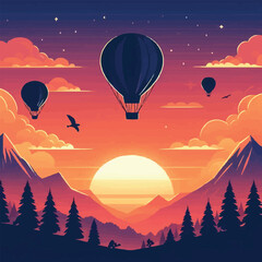 Fototapeta premium Free vector transportation hot air balloon silhouette. sunset palm tree and cloud