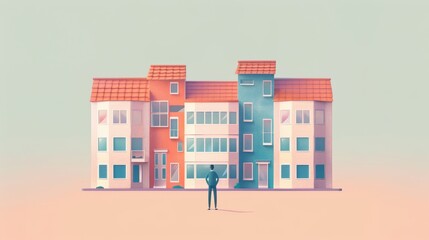 Modern architectural illustration of a colorful, symmetrical apartment building with a person standing in front, pastel tones, minimalist design.
