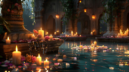 View of a temple from water. Adorned decorated with Diya oil lamps.