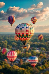 Obraz premium A colorful hot air balloon festival with miniature balloons floating in the sky, enhanced by the tilt-shift effect. 