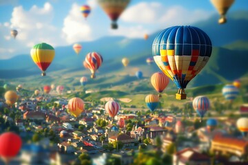 Fototapeta premium A colorful hot air balloon festival with miniature balloons floating in the sky, enhanced by the tilt-shift effect. 