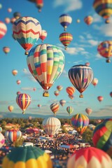 Fototapeta premium A colorful hot air balloon festival with miniature balloons floating in the sky, enhanced by the tilt-shift effect. 