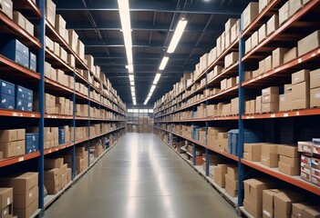 Warehouse in the warehouse. A large industrial warehouse with rows of shelves stocked with cardboard boxes and other storage containers. 