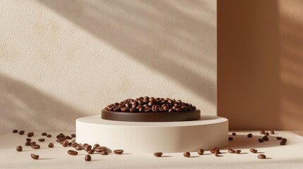3d rendering of coffee beans on white podium with brown background for product presentation, mockup design template, Minimal