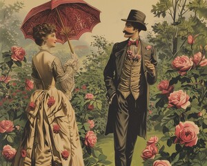 Victorian Couple Strolling in Rose Garden, Elegant Parasol and Lush Blooms Illustration.