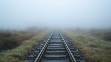 Fototapeta premium A deserted railway line fading into thick fog, with rails barely visible in the misty surroundings.