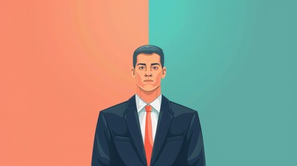 Illustration of a confident businessman in a suit and tie, split background with orange and teal. Ideal for corporate and professional visuals.