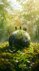 Group Presenting Eco Friendly Project Proposals with Earth Model on Whimsical Background | Creativity, Innovation, Environmental Planning Concept