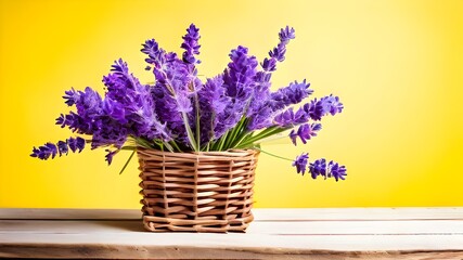 Fresh lavender flowers in basket on wooden table with yellow background Text space available
flowers in a basket