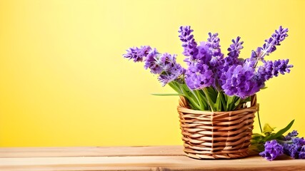 Fresh lavender flowers in basket on wooden table with yellow background Text space available
bouquet of spring flowers