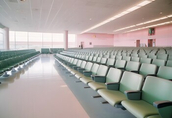 Fototapeta premium Interior of a modern airport. An empty airport terminal with rows of green seats and luggage on the floor
