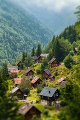 A village nestled in the mountains, with houses and trees appearing as miniatures due to the tilt-shift effect. 