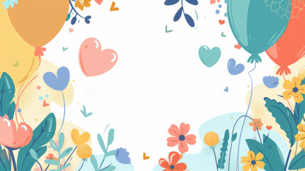 A cheerful, pastel-colored border featuring balloons, flowers, and hearts, perfect for framing celebratory messages, invitations, or event posters