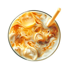 Refreshing milkshake or Thai iced tea in glass with straw isolated on white transparent background, perfect for sunny summer days