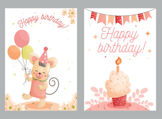 Childrens cute greeting card. Cute birthday card featuring a mouse with balloons and a cupcake design. Vector