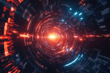 Fototapeta premium Abstract Circular Tunnel with Neon Lights and Data Patterns