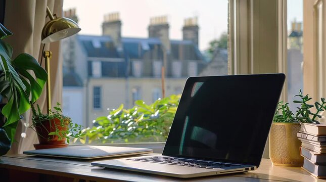 Laptop by the window overlooking a charming town landscape, inspiring workspace setup.
 Seamless looping 4k time-lapse virtual video animation Generated AI