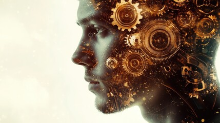 A double exposure of a man face intertwined with mechanical cogs, symbolizing the fusion of humanity and industry.