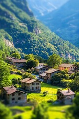 A village nestled in the mountains, with houses and trees appearing as miniatures due to the tilt-shift effect. 