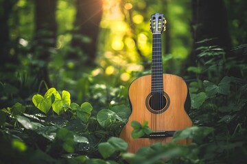 Acoustic guitar resting among lush greenery in a serene forest setting.
