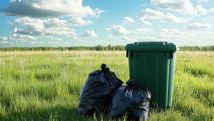 Green trash can with black trash bags full of garbage, The environment concept