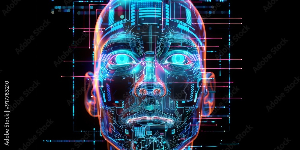 Poster Abstract human head with embedded circuits and data lines, surrounded by digital symbols and tech icons, symbolizing the fusion of human intelligence and AI