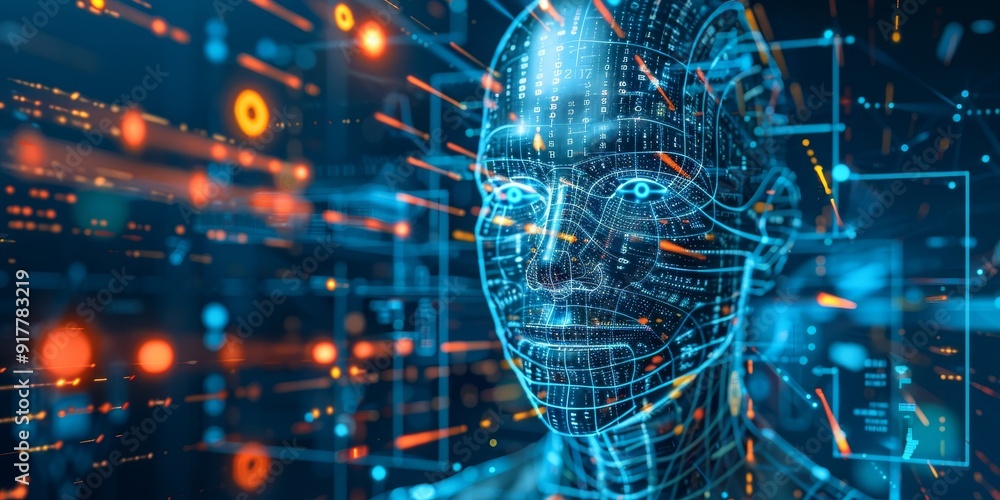 Poster Stylized robotic face with data streams and binary codes, set against a backdrop of tech symbols and glowing lines, representing artificial intelligence and robotics