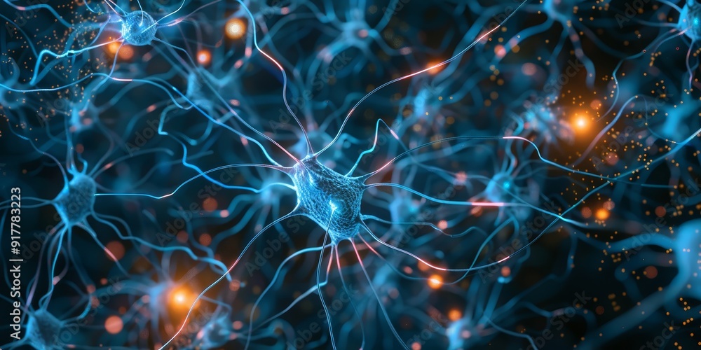 Fototapete AI neural network visualization with bright nodes and connecting lines, overlaid with holographic symbols and data points, representing machine learning and data analysis