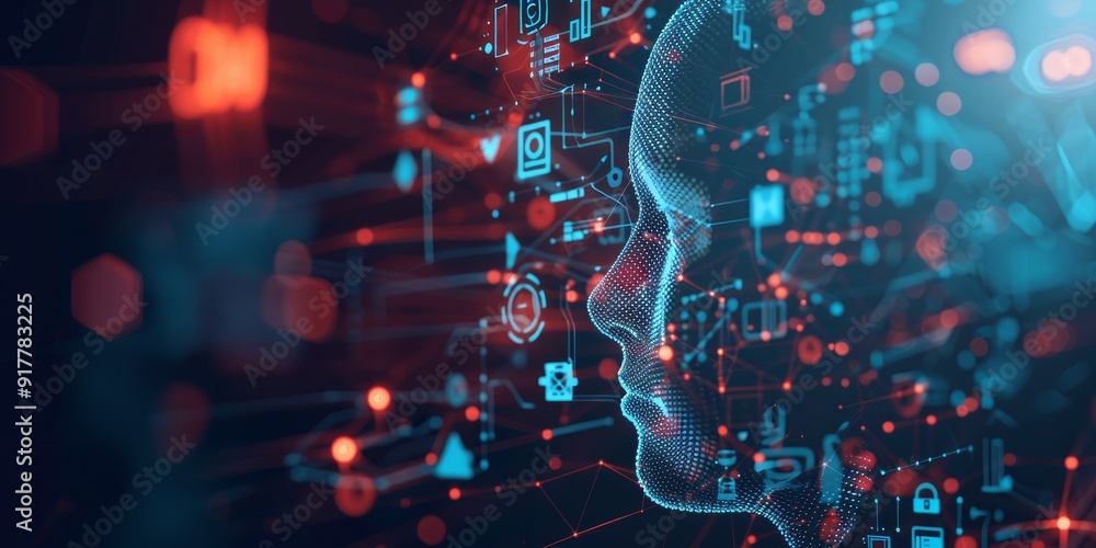 Poster Abstract human head with embedded circuits and data lines, surrounded by digital symbols and tech icons, symbolizing the fusion of human intelligence and AI