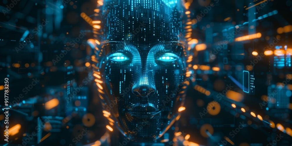 Poster Stylized robotic face with data streams and binary codes, set against a backdrop of tech symbols and glowing lines, representing artificial intelligence and robotics