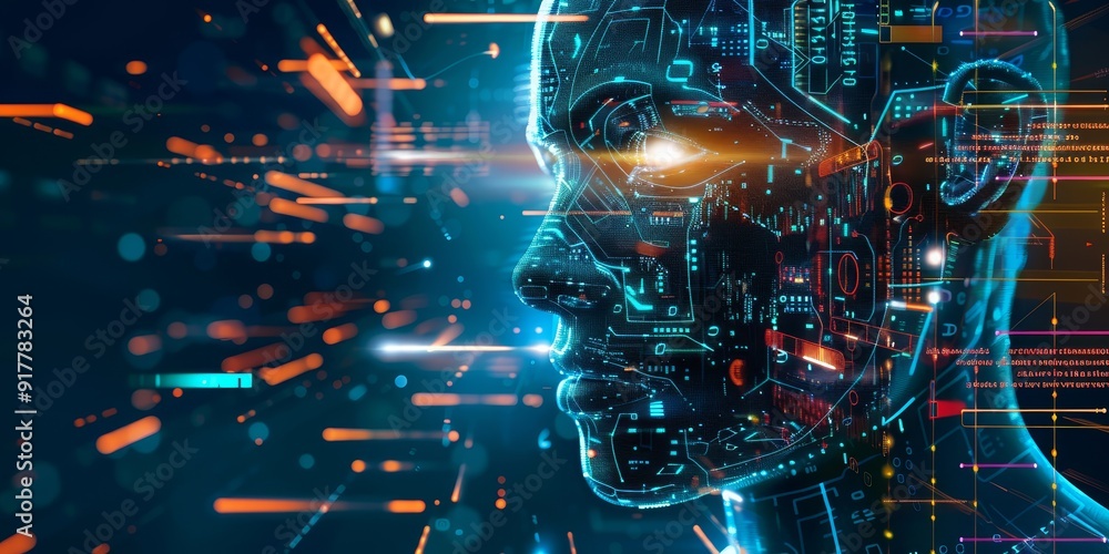 Poster Stylized robotic face with data streams and binary codes, set against a backdrop of tech symbols and glowing lines, representing artificial intelligence and robotics