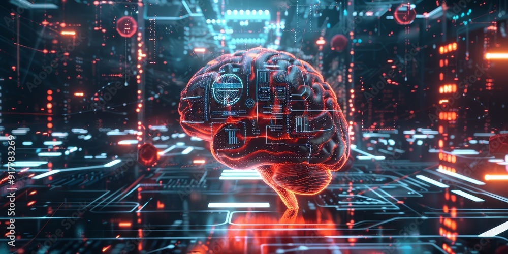 Poster creative digital art of an ai brain with gears, circuits, and holographic icons, set in a high-tech 