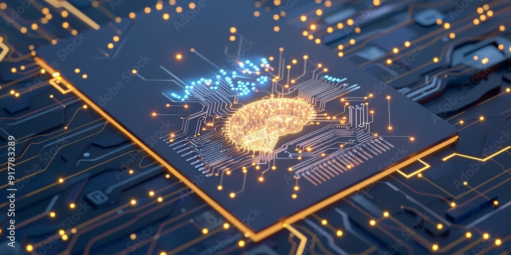 Aufkleber 3D rendering of an AI chip with glowing circuits, surrounded by digital symbols and holographic interfaces, symbolizing advanced technology and artificial intelligence