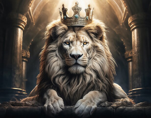 Un majestueux lion qui porte une couronne de Roi,  arrière plan flouté, colonnes, arcade, jolie lumière qui vient d'en haut, impressionnant