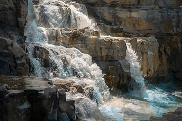 Naklejka premium Cascading waterfalls in abstract forms, with silver and turquoise streams flowing over jagged rocks, dynamic and powerful, yet serene.