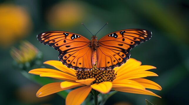Graceful Beauty. Close-up of a colorful butterfly resting on a yellow flower