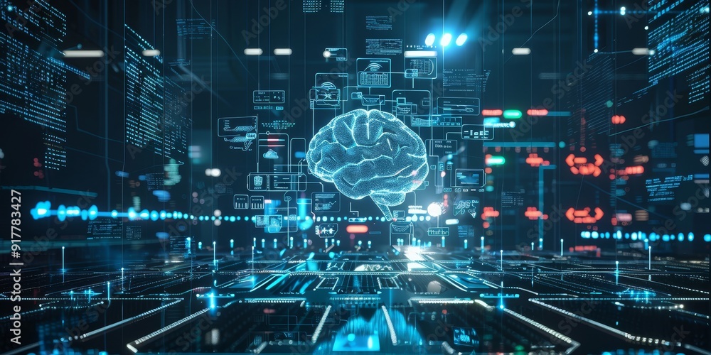 Poster Futuristic representation of artificial intelligence with a digital brain and circuits, surrounded by floating icons and data streams, illustrating advanced AI concepts