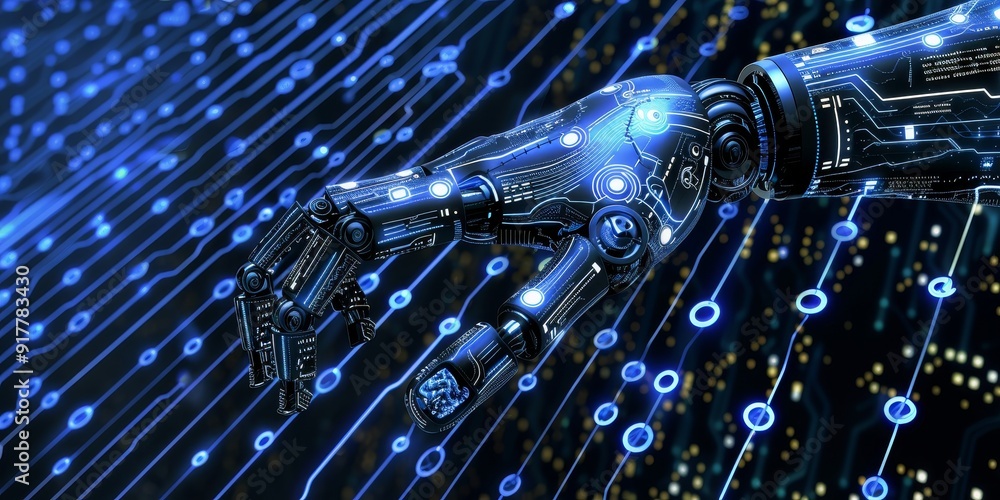 Aufkleber Creative concept of AI with a robotic hand and human brain, overlaid with digital symbols and binary code, symbolizing the integration of technology and human intelligence