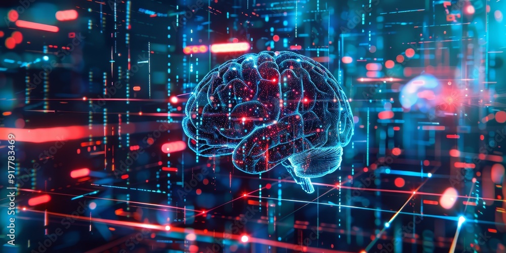 Aufkleber 3D holographic brain with neural network connections, set against a background of tech symbols and glowing data streams, illustrating advanced AI and machine learning