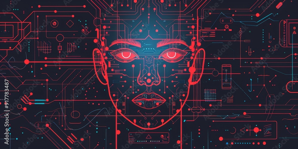 Poster Modern AI illustration with a face made of data lines and circuits, surrounded by tech icons and digital symbols, representing the evolution of artificial intelligence